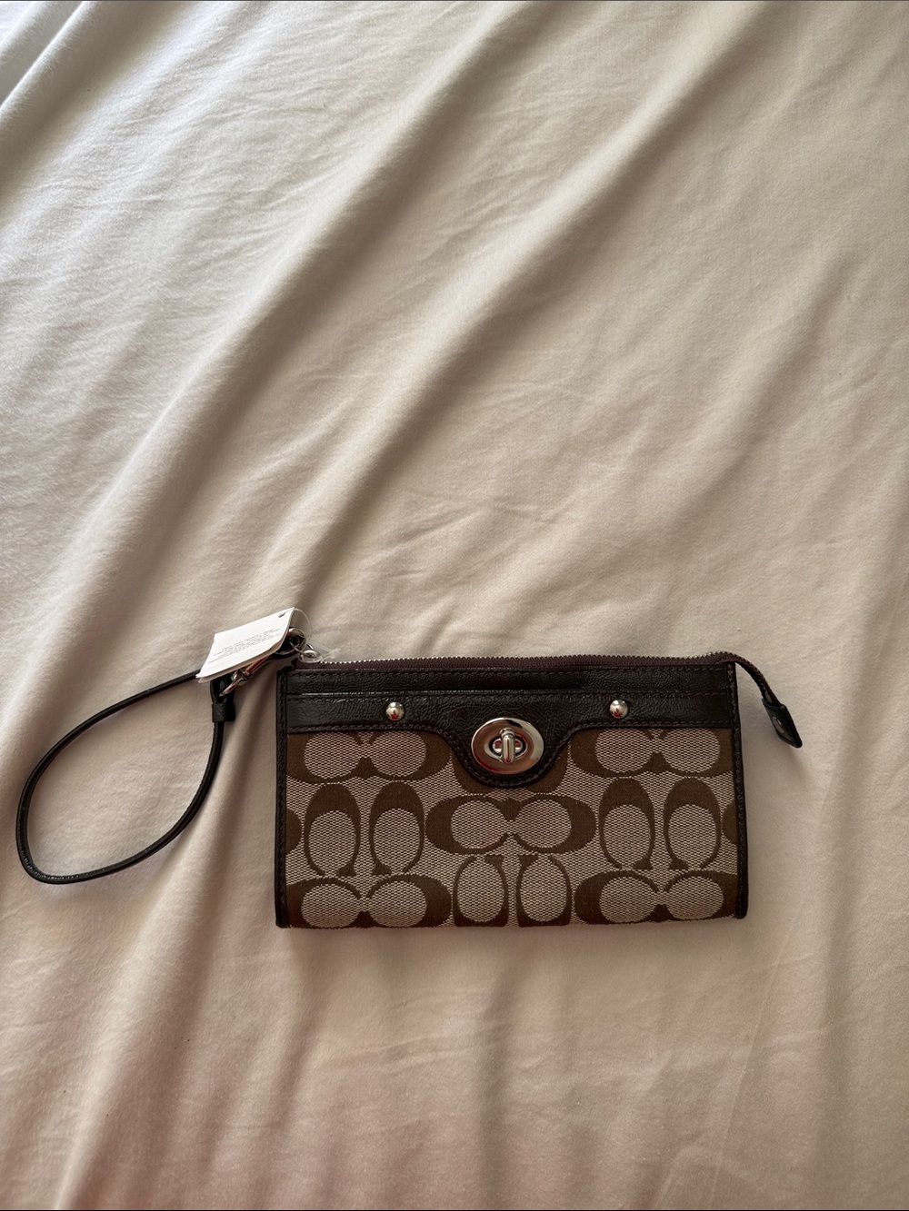 Coach Brown Signature Canvas Wristlet with Dark Leather Trim
